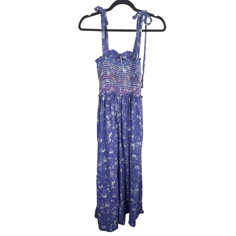 Free People Color My World Purple Floral‎ Smocked Wide Leg Jumpsuit Size Small